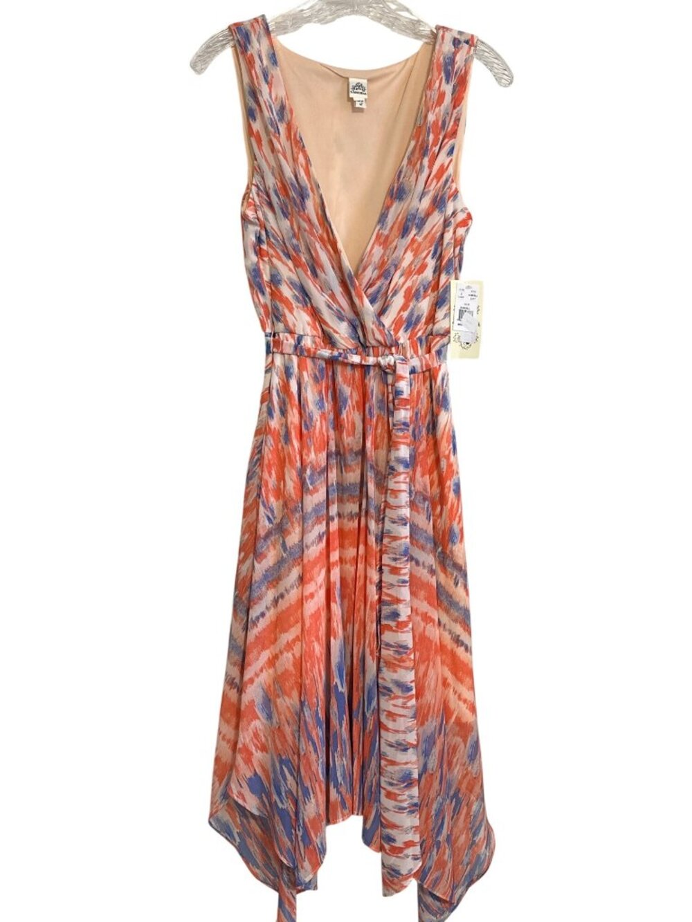 Sleeveless Watercolor Print Midi Dress With V-Neck Wrap Front & Handkerchief Hem